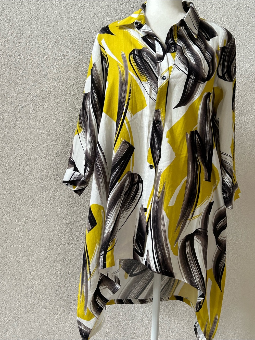 Lior Paris top M abstract print A-line tunic length 3/4 sleeve Linen look LNWOT